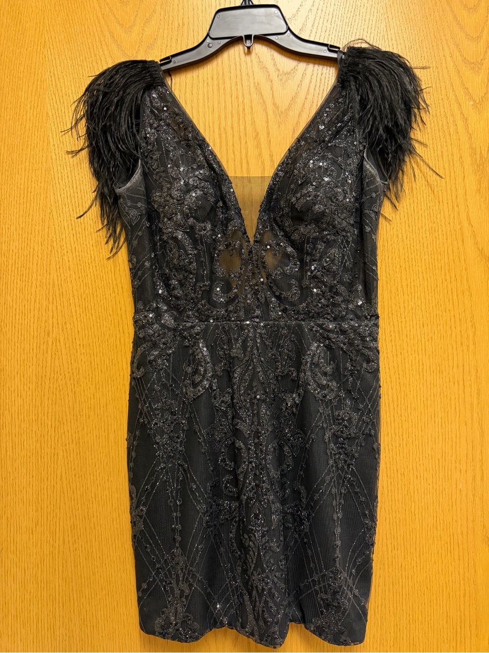 Alyce Paris Black Beaded Mini Dress with Feather Shoulders